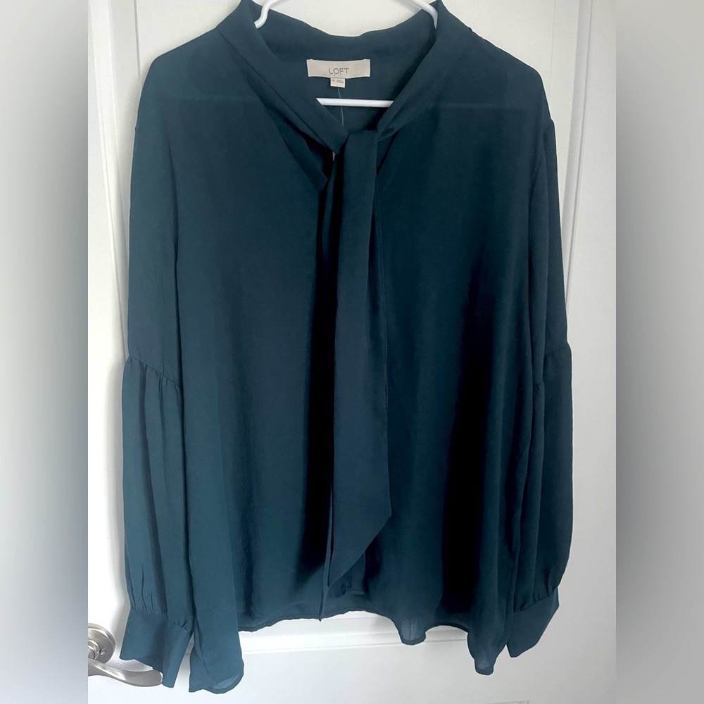 Ann Taylor LOFT Dark Teal Sheer Long Sleeve Tie Neck Blouse NWT - Sz XL